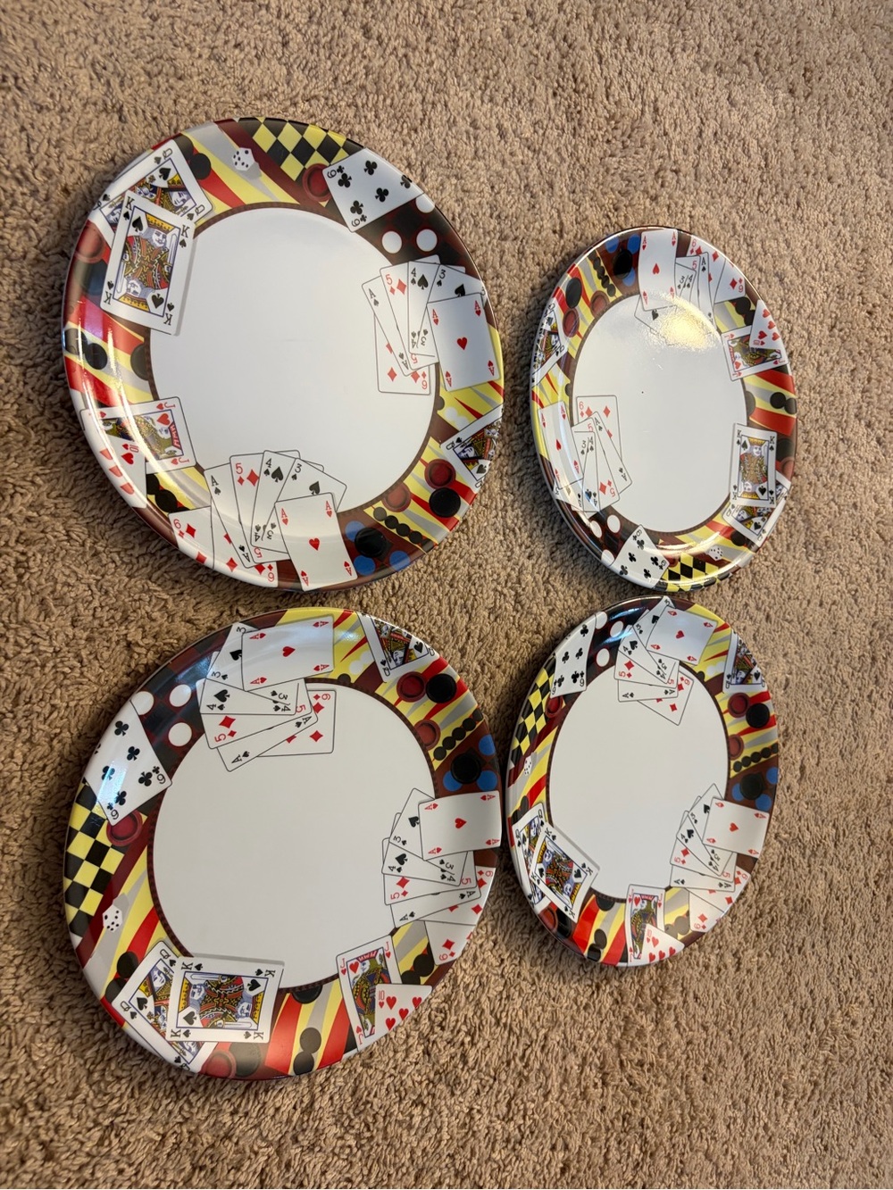 Gibson Playing Card Accent Plastic Plates - Red, Yellow, Black, White- Set of 4